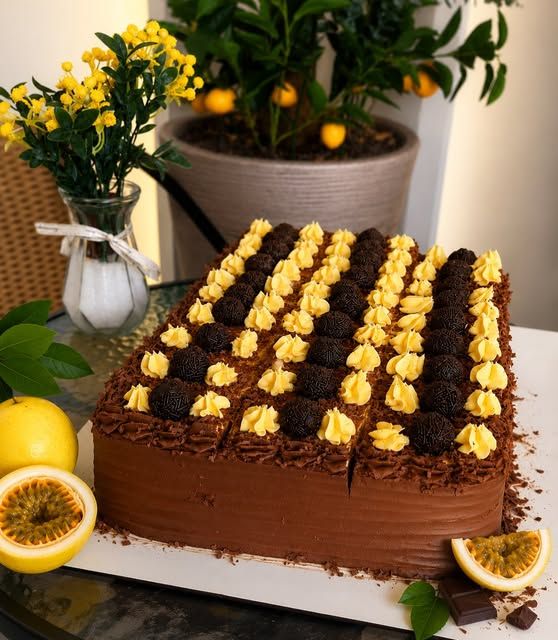 Bolo de chocolate com mousse de maracujá