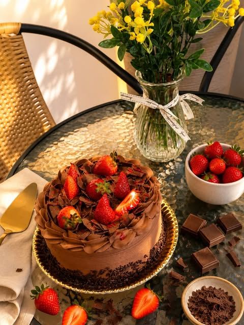 Bolo de chocolate com morangos